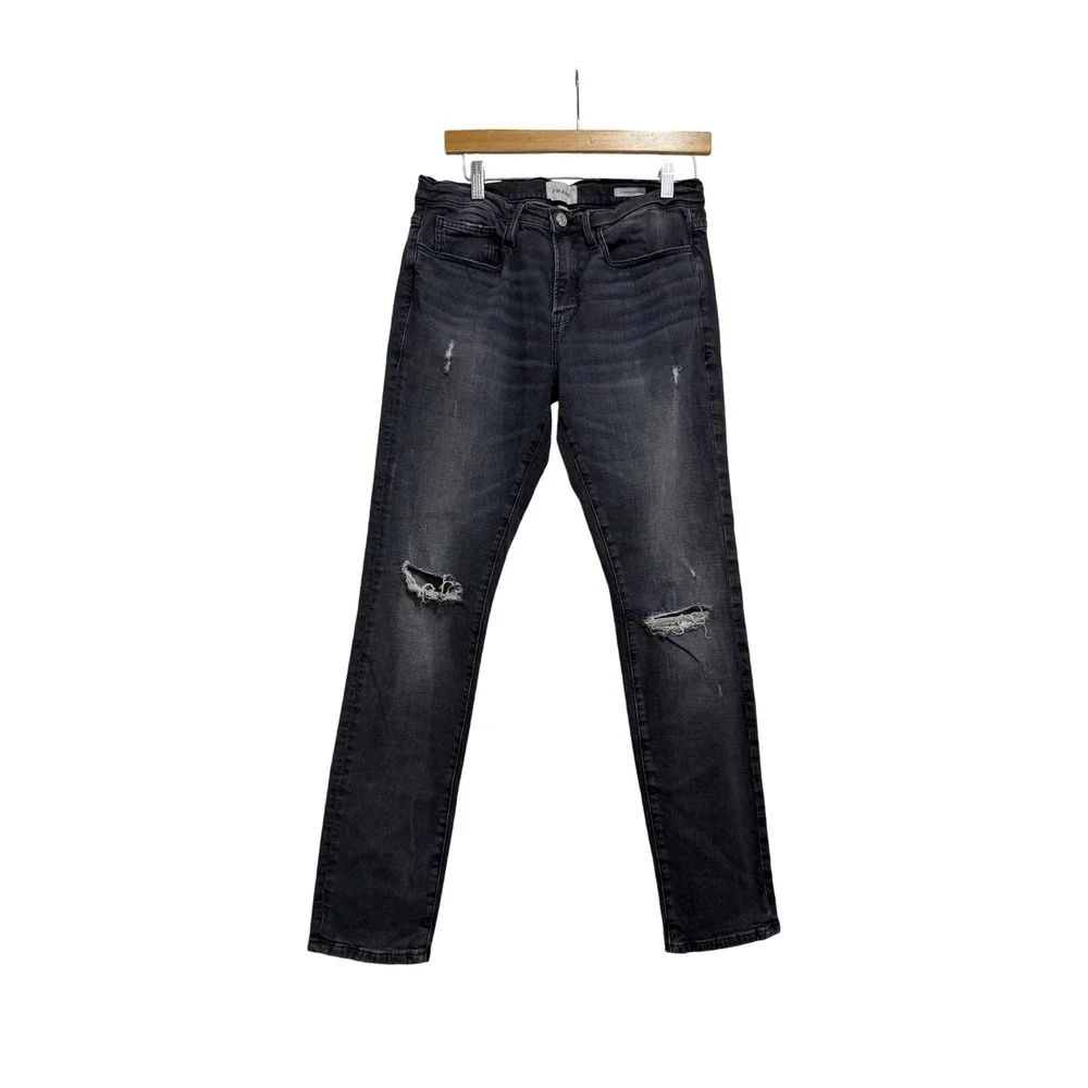 FRAME L'Homme Skinny Jeans Mens 31 Black Oak Rips‎ Distressed LMHKB786 Grey